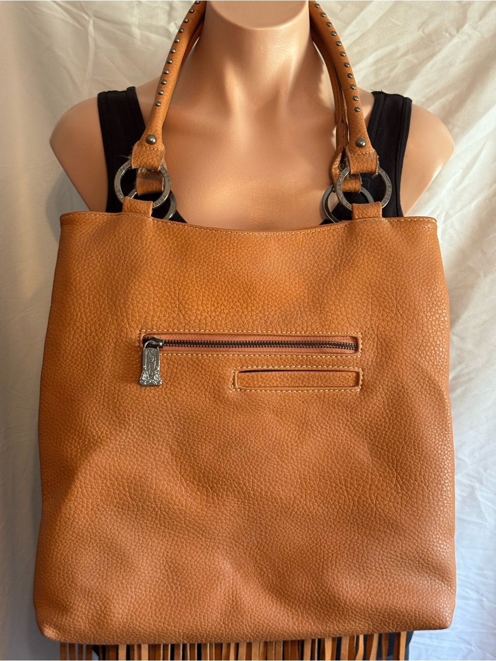 Trinity Ranch Fringed Tan Leather Bag with Turquoise Medallion - Picture 4 of 6